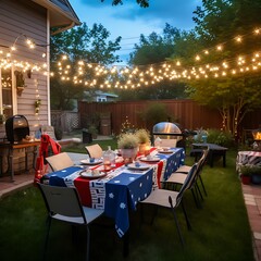 A festive backyard party with string lights, red, white, and blue decorations, and laughter filling the air on US Independence Day.