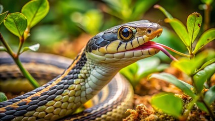 Obraz premium Colorful Snake with Tongue Out in Lush Green Environment