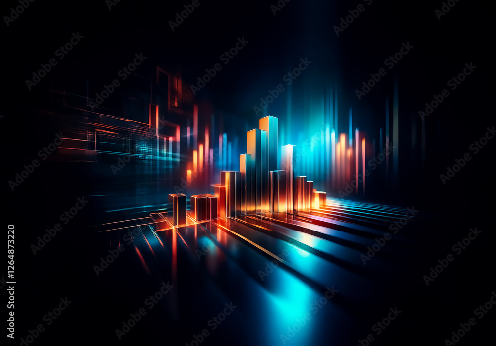 Poster Abstract digital cityscape with glowing geometric blocks in blue and orange hues against a dark backdrop, creating a futuristic and dynamic visual effect.