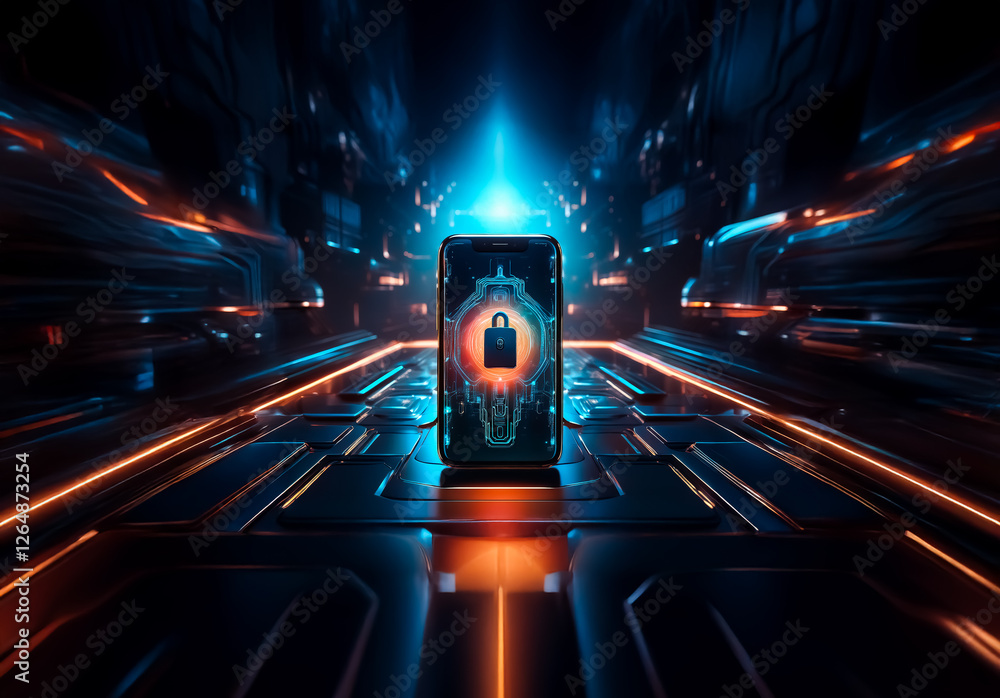 Poster vibrant futuristic scene with glowing blue and orange lines converging towards a central illuminated