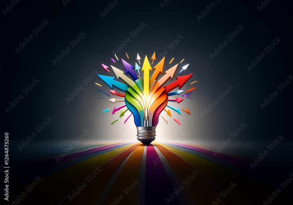 Poster a vibrant light bulb formed by dynamic, colorful arrows radiates from a central point, symbolizing b