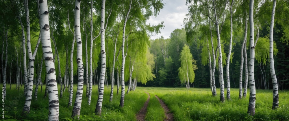 Poster birch trees lining a tranquil path through a lush green meadow with dense forest in the background c