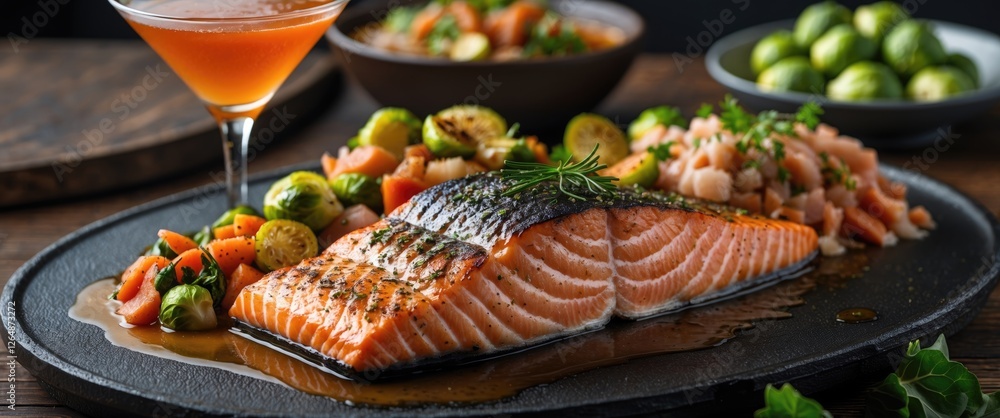 Poster grilled salmon fillet served with roasted vegetables and cocktail in a rustic setting with copy spac