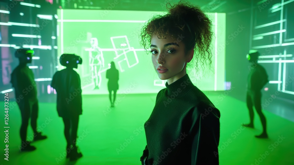 Poster a green screen being used for virtual reality content creation, with 3d models and digital animation