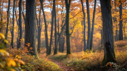autumn forest path with vibrant orange leaves and tall trees in sunlight natural scenery with soft focus and ample copy space