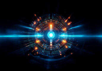 Obraz premium Abstract digital artwork featuring a bright blue central orb emitting radiant orange and blue light bursts on a dark background, suggestive of futuristic technology.