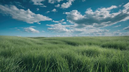 Fototapeta premium Lush green grass field under a bright blue sky with fluffy white clouds creating a tranquil natural landscape Copy Space
