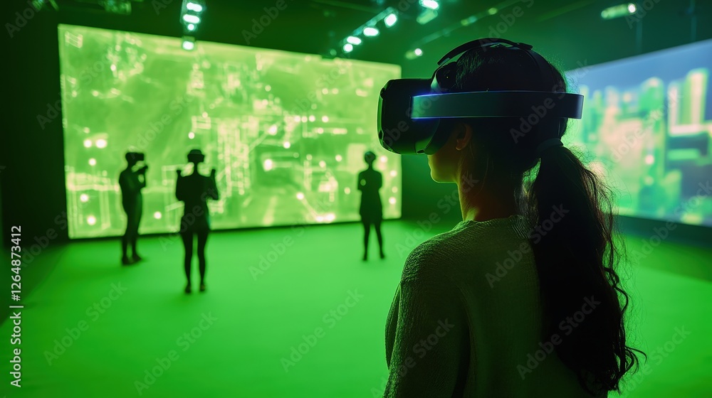 Poster a green screen being used for virtual reality content creation, with 3d models and digital animation