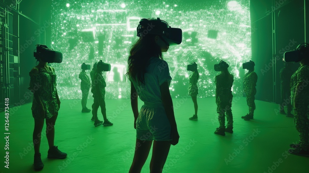 Poster a green screen being used for virtual reality content creation, with 3d models and digital animation