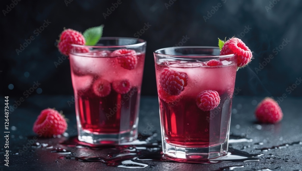 Poster fresh raspberry drinks in clear glasses with ice and raspberries on a dark background with water dro
