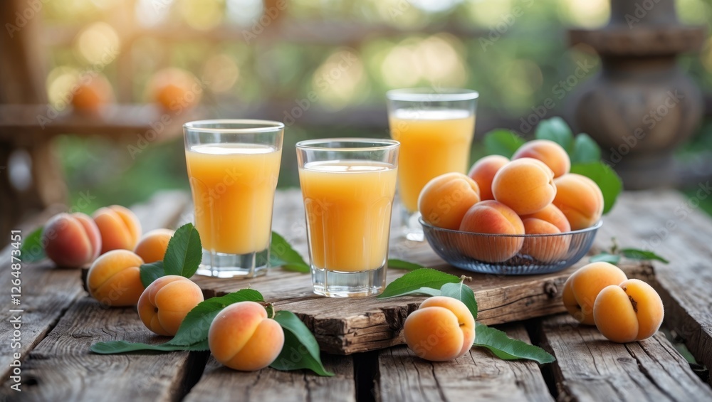 Poster fresh apricot juice in glasses with whole apricots and leaves on rustic wooden table background with