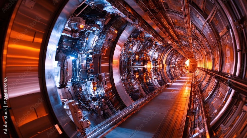 Poster a high-tech particle accelerator visualizing protons colliding in a burst of energy.