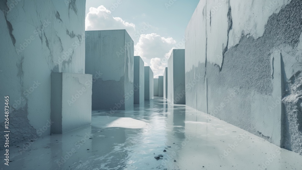 Poster abstract landscape with tall monochromatic structures and reflective water surface under a cloudy sk