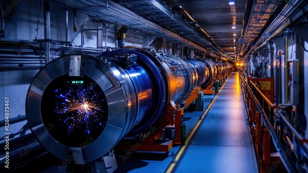 Poster a high-tech particle accelerator visualizing protons colliding in a burst of energy.