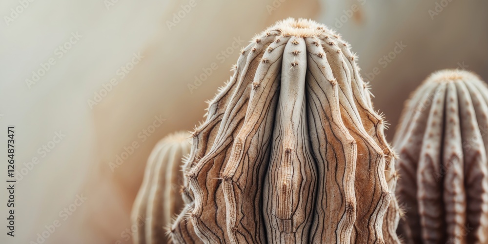 Poster close-up of textured cactus surface with unique shape and patterns against a blurred background copy