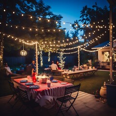 A festive backyard party with string lights, red, white, and blue decorations, and laughter filling the air on US Independence Day.