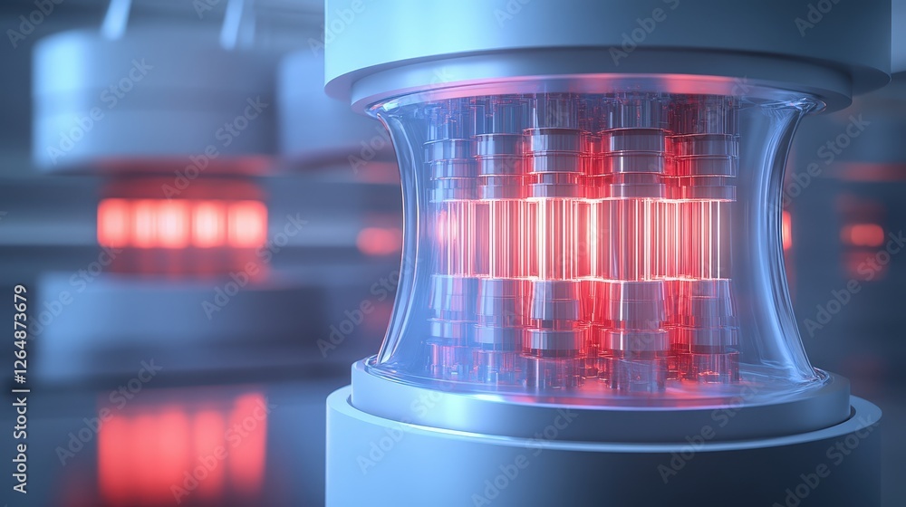 Poster a high-tech visualization showing neutrons being used in nuclear power generation processes.