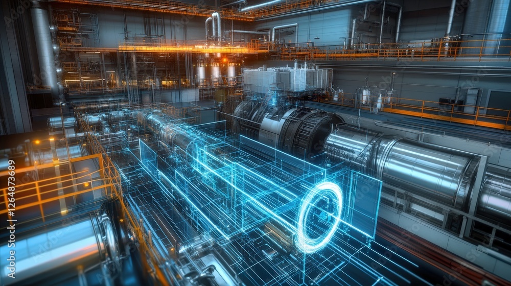 Poster a high-tech visualization showing neutrons being used in nuclear power generation processes.