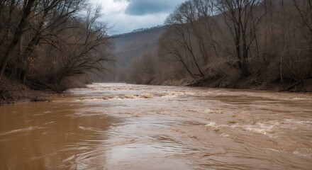 Brown turbulent river flowing through a valley surrounded by bare trees under a cloudy sky with mountains in the background Copy Space