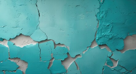 Obraz premium Textured cracked wall surface with peeling turquoise paint and visible underlying layers, ideal for backgrounds or design elements. Copy Space