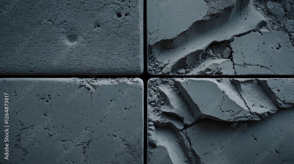 Poster close-up texture of cracked and weathered concrete tiles arranged in a grid pattern with dark tones 
