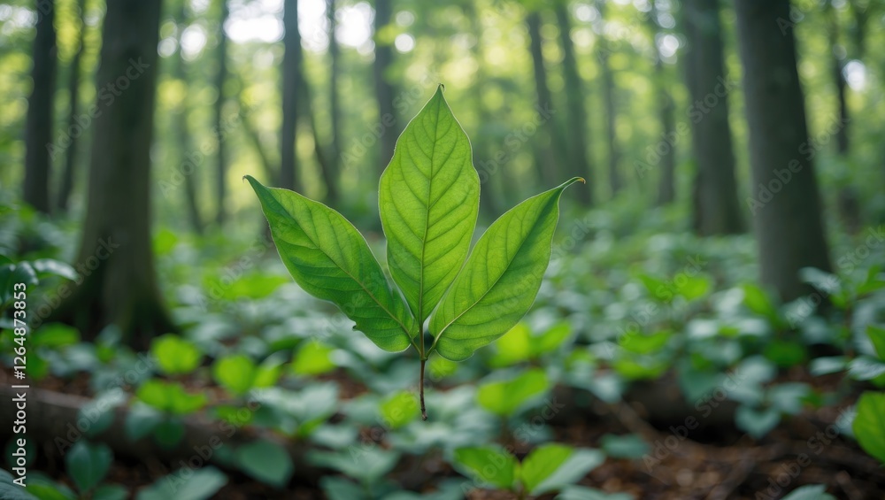 Poster close-up of vibrant green leaves in a dense forest with soft sunlight filtering through trees copy s