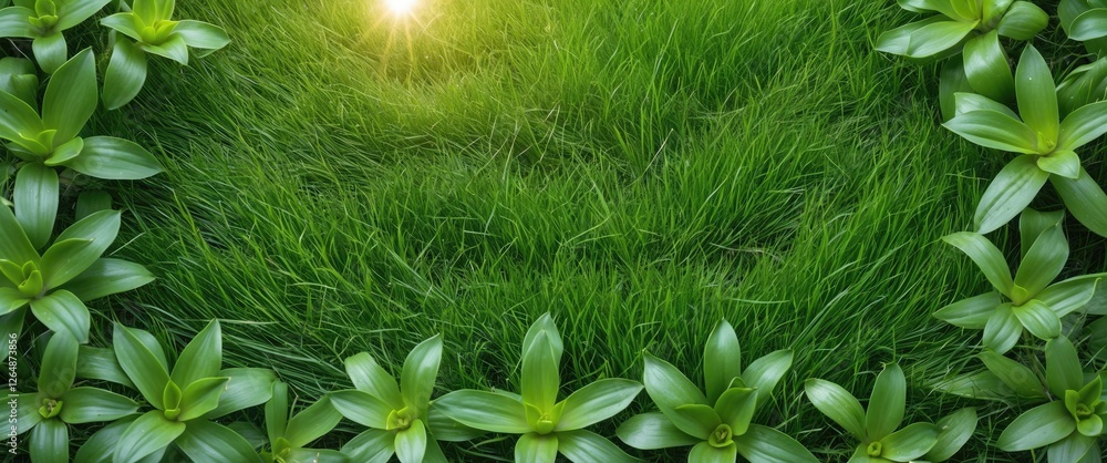 Aufkleber lush green grass and vibrant leaves with sunlight creating a natural frame and copy space for text i