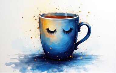 Digital Painting of a Blue Mug with Eyelashes and Brown Liquid