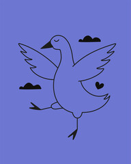 Vector illustration with flying in the sky goose with clouds and small black heart. Inspiring greeting card template, home decoration poster, apparel print design