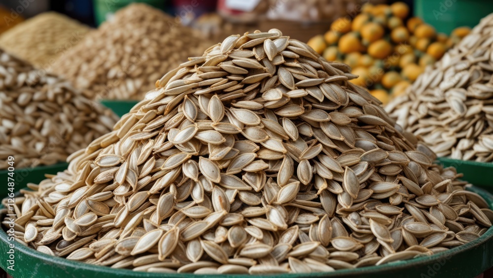 Aufkleber close-up of a large mound of raw pumpkin seeds in a market setting with assorted grains and seeds in