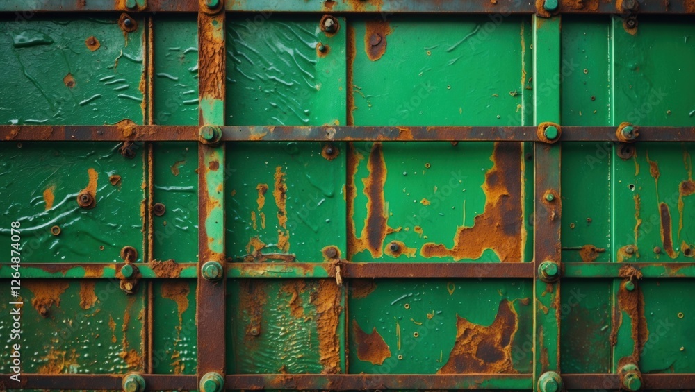 Poster rusty green metal surface with textured patterns and corroded sections, industrial background with c