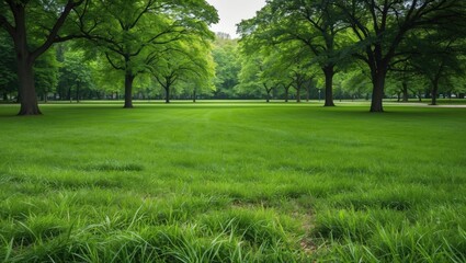 Fototapeta premium Lush green park landscape with mature trees and well-maintained grass field providing ample copy space for text placement