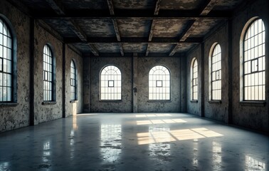 Interior View of an Empty Industrial Building with Arch Windows