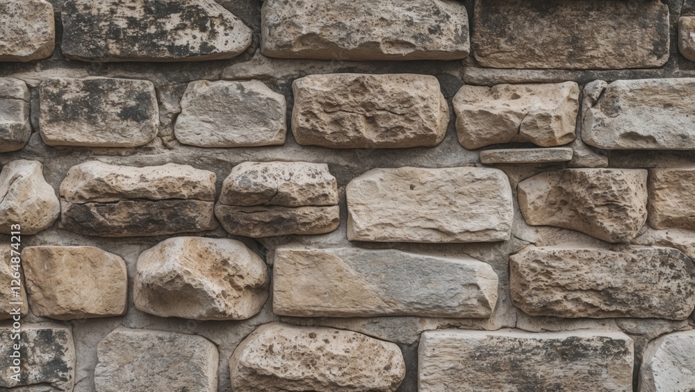 Poster textured stone wall with various sizes and colors of natural stones arranged in a pattern suitable f