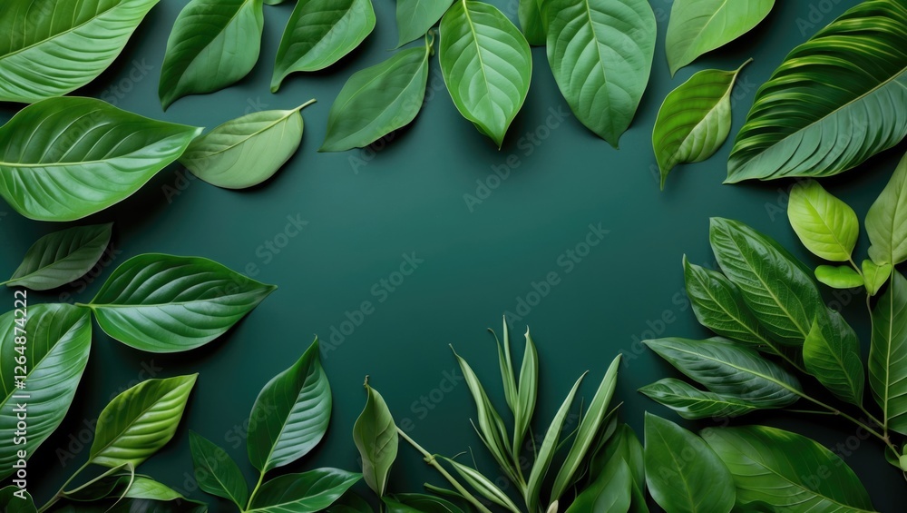 Poster green leaves arranged on dark green background with ample copy space for text placement. various lea