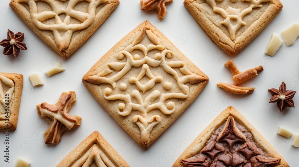 Poster decorative cookies with intricate icing designs arranged on a light background with cookie pieces an