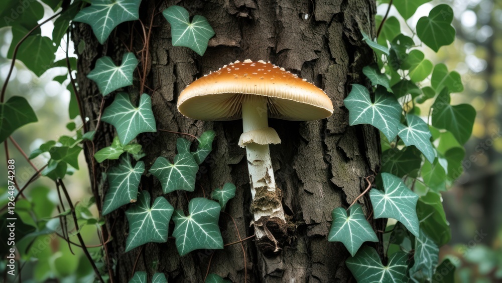 Aufkleber mushroom growing on a tree trunk surrounded by green ivy leaves in a forest setting with natural lig