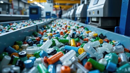 Obraz premium Plastic bottles and caps moving on conveyor belt in recycling plant
