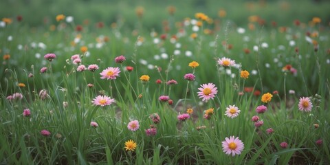 Colorful flower field with wildflowers and greenery in soft focus natural environment Copy Space
