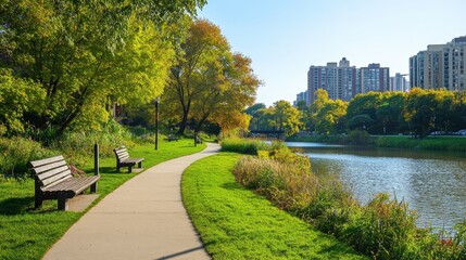 Obraz premium A green space next to a river, featuring walking paths, benches, and wildlife, providing an oasis for nature lovers in a bustling urban setting.