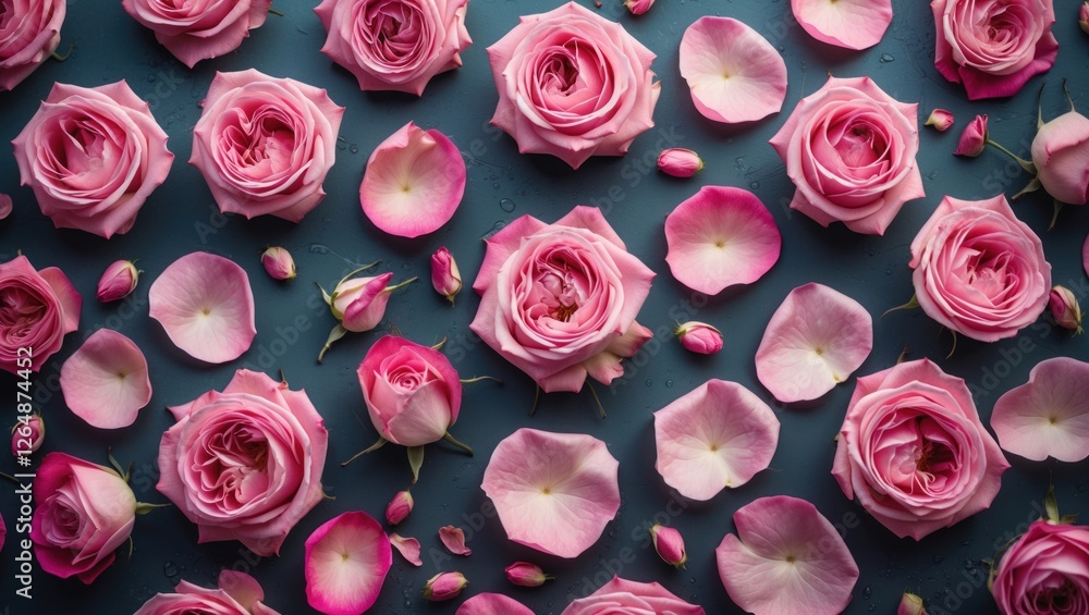 Aufkleber pink roses and rose petals arranged on a blue background creating a visually appealing floral patter