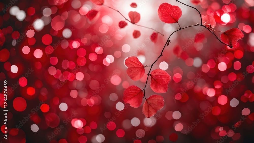 Poster red leaves on a branch with blurred red and white bokeh background creating a vibrant nature scene c