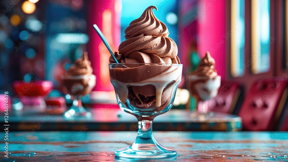 Poster chocolate soft serve ice cream in a glass bowl with spoon on colorful background with blurred ice cr