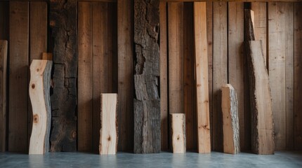 Assorted wooden planks of various shapes and textures displayed against a rustic wooden wall Copy Space