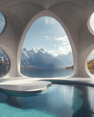 Fototapeta premium 3D render of an arched structure in the middle, with a lake and mountains in the background, and a futuristic pool with a round shape.