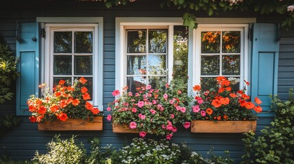 Fototapeta premium Charming Cottage Windows with Vibrant Flower Boxes