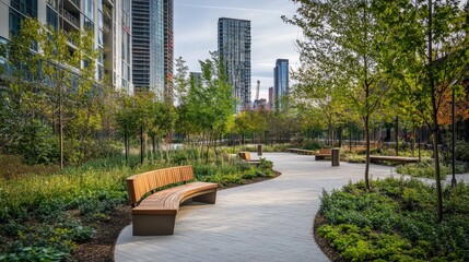 A green urban space with benches, pathways, and natural elements, inviting city dwellers to relax and connect with nature amidst tall buildings
