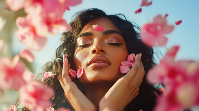 South Asian trans woman enjoying a luxurious moment surrounded by petals in a serene outdoor setting during golden hour