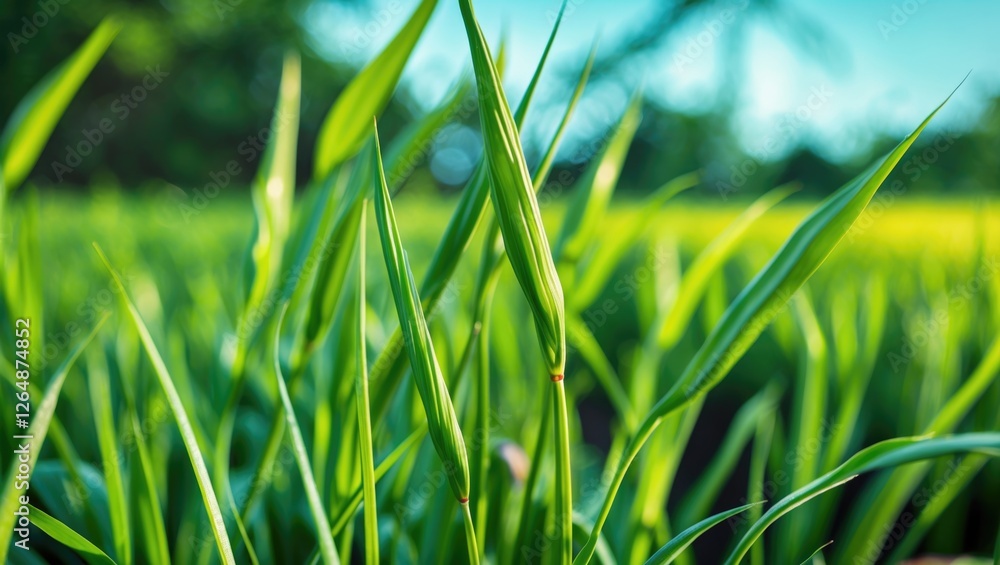 Poster close-up of vibrant green grass blades with shallow depth of field and blurred background showcasing