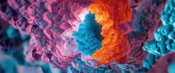 Abstract close-up of colorful textured shapes resembling molecular structures with vivid hues of pink, blue, and orange against a soft background. Copy Space